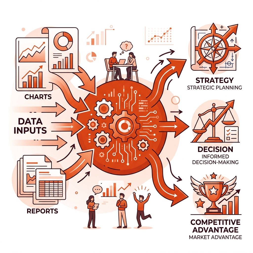 Data-to-action transformation flow: information input, central processing in orange, output in three stages...