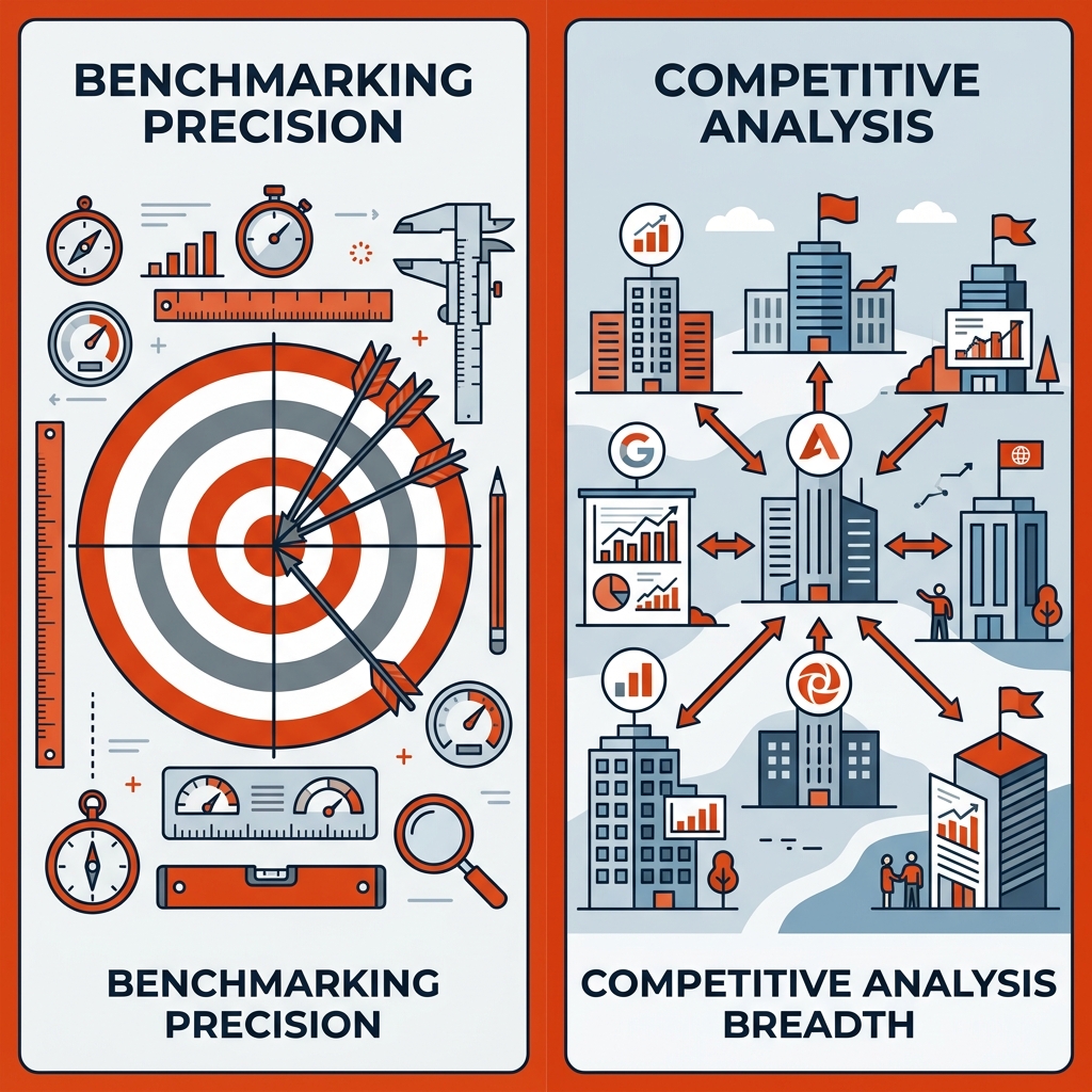 Visual comparison: on the left a target with measurement tools, on the right a competitor map with arrow...