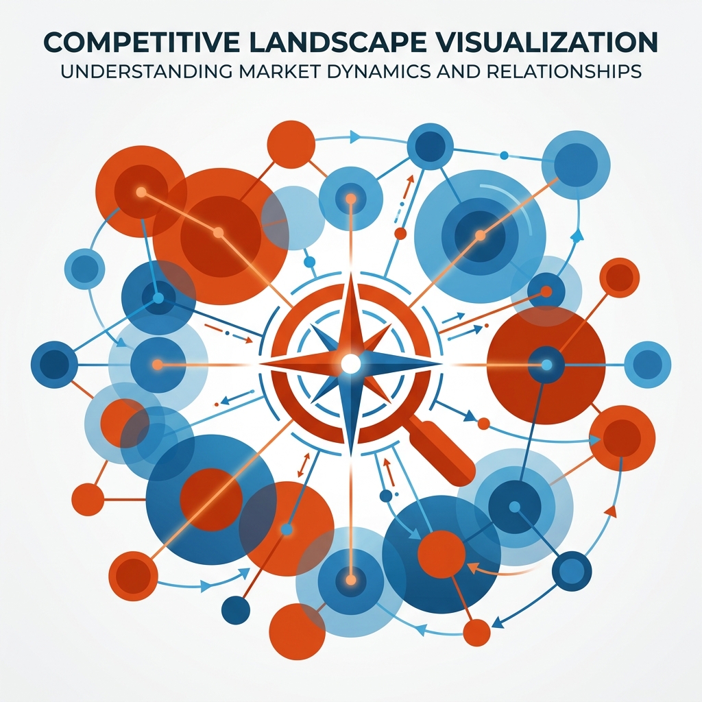 Abstract visualization of a competitive analysis with connected circles in orange and blue, compass symbol in the center...