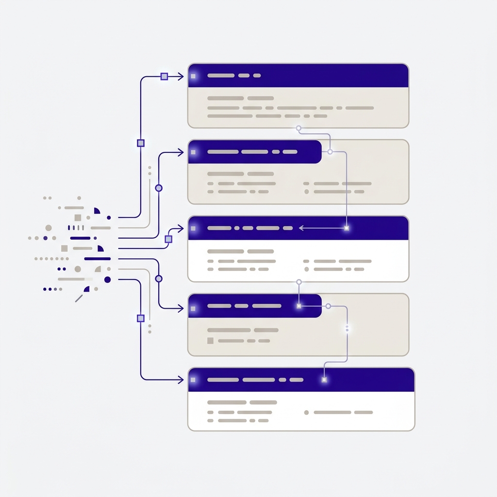 Bloques de contenido apilados con respuestas destacadas en la parte superior, representando la estructura answer-first par...