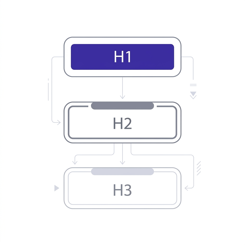 Jerarquía de encabezados H1, H2 y H3 en niveles descendentes con líneas conectoras, representando la estructura atómica de...