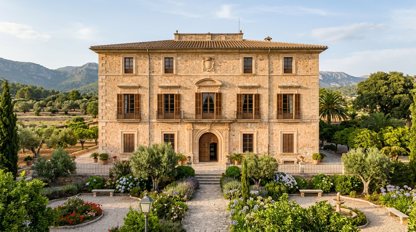 Arquitectura mallorquina: pedra marès, tipologies i patrimoni vernacle 2 Finca senyorial mallorquina de pedra amb façana simètrica, entrada monumental i jardins mediterranis que mostren la