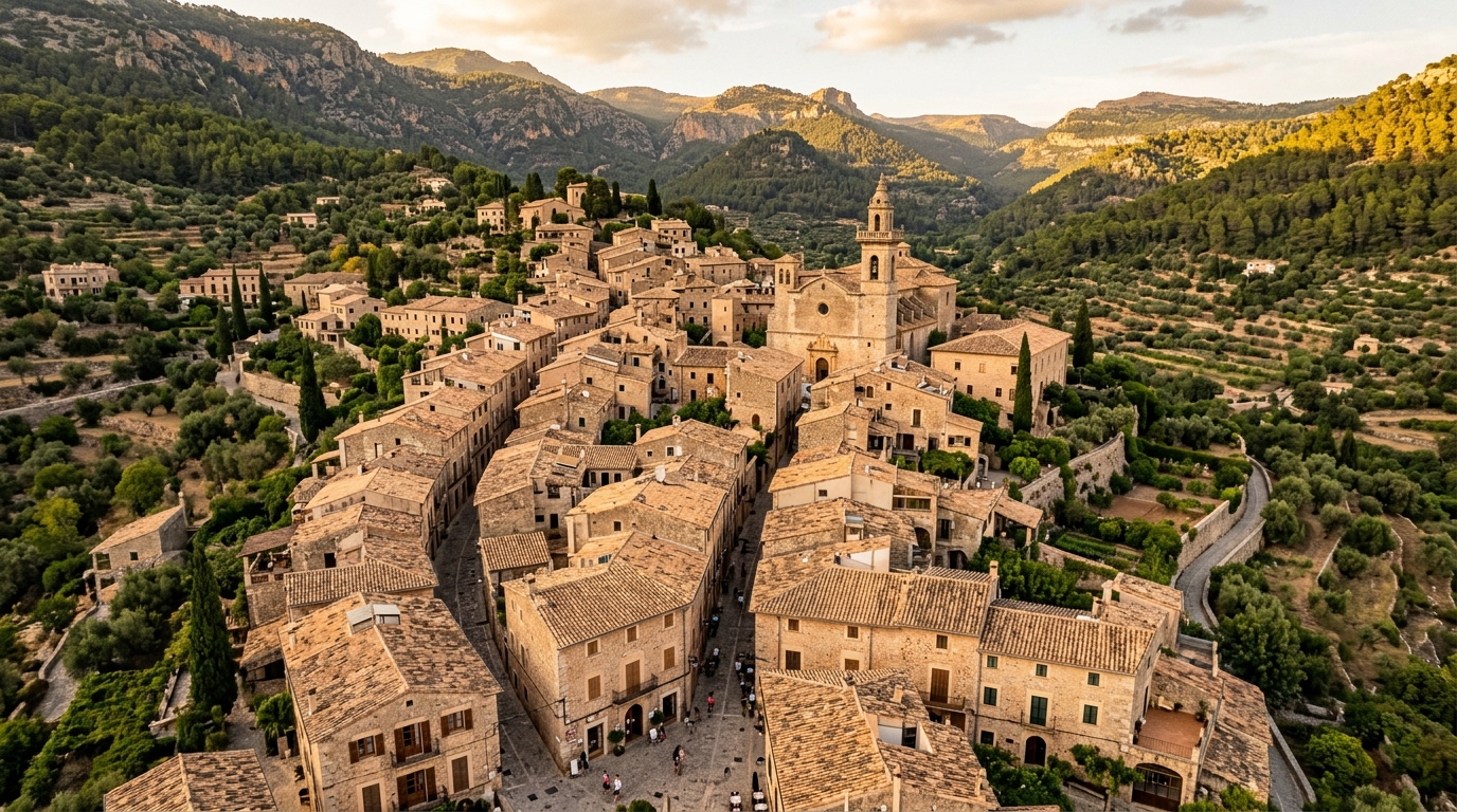 Arquitectura mallorquina: pedra marès, tipologies i patrimoni vernacle 1 Poble mallorquí amb cases de pedra marès, teulades de fang i carrerons estrets entre arquitectura vernacla