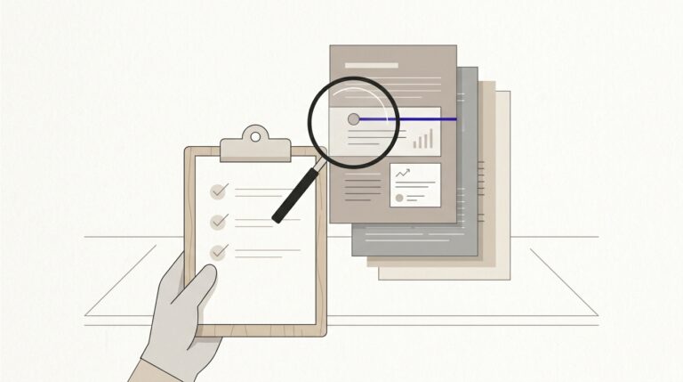 Portapapeles con checklist de auditoría GEO y lupa examinando capas de contenido en paleta minimalista de tonos neutros.