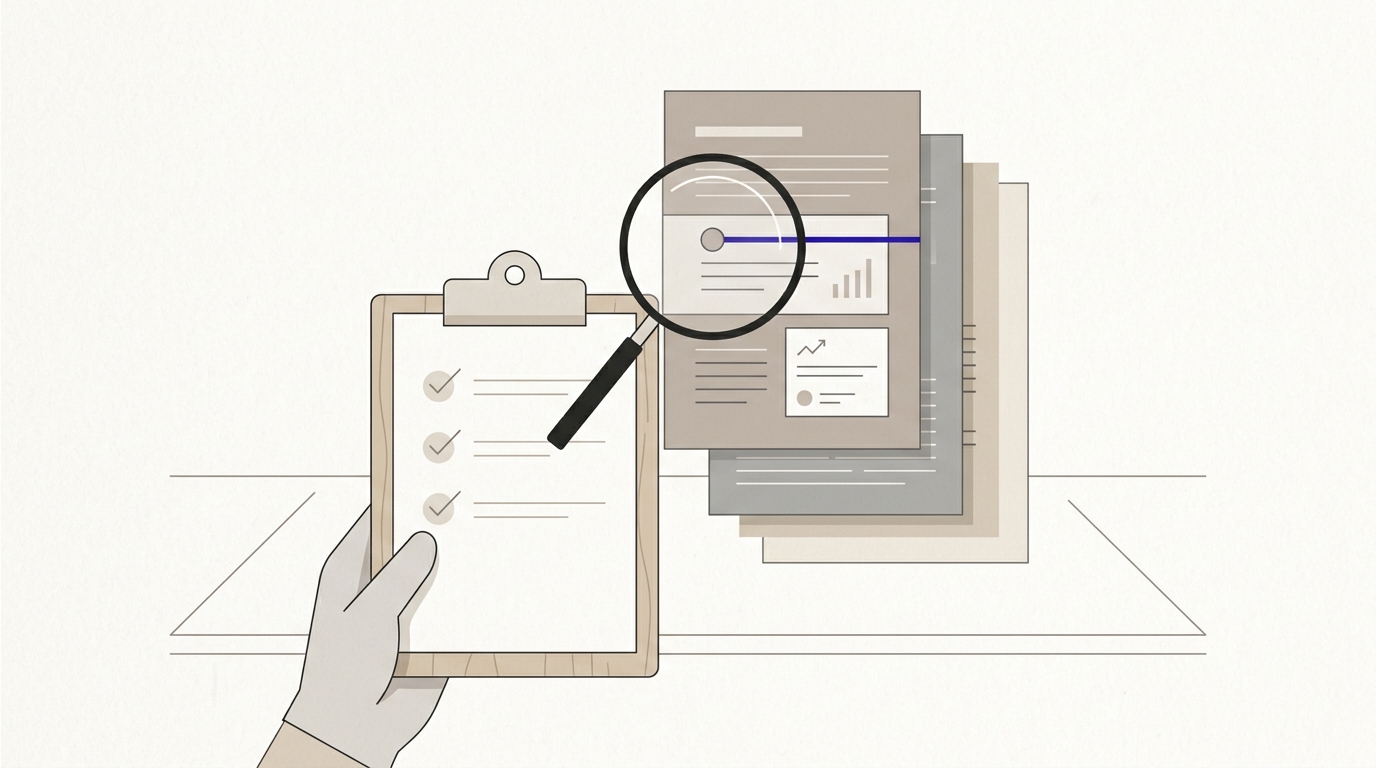 Portapapeles con checklist de auditoría GEO y lupa examinando capas de contenido en paleta minimalista de tonos neutros.