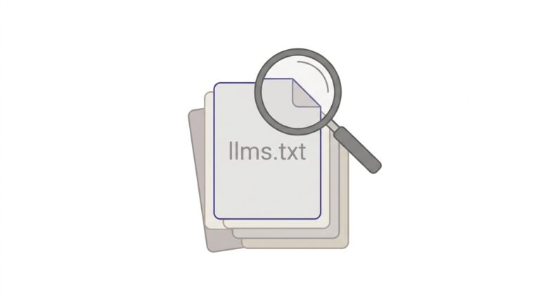 Lupa sobre archivo llms.txt con capas de análisis competitivo en paleta minimalista de beige y gris.