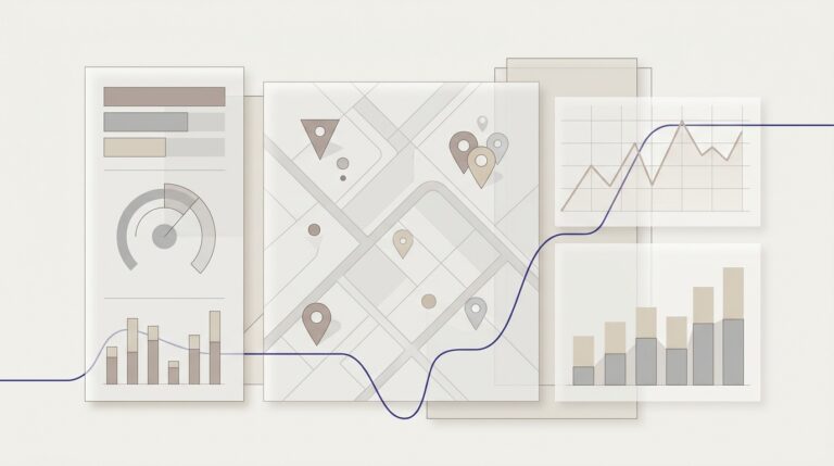 Panel de auditoría con mapas de ubicación, gráficos de métricas y benchmarks de visibilidad local en diseño minimalista.
