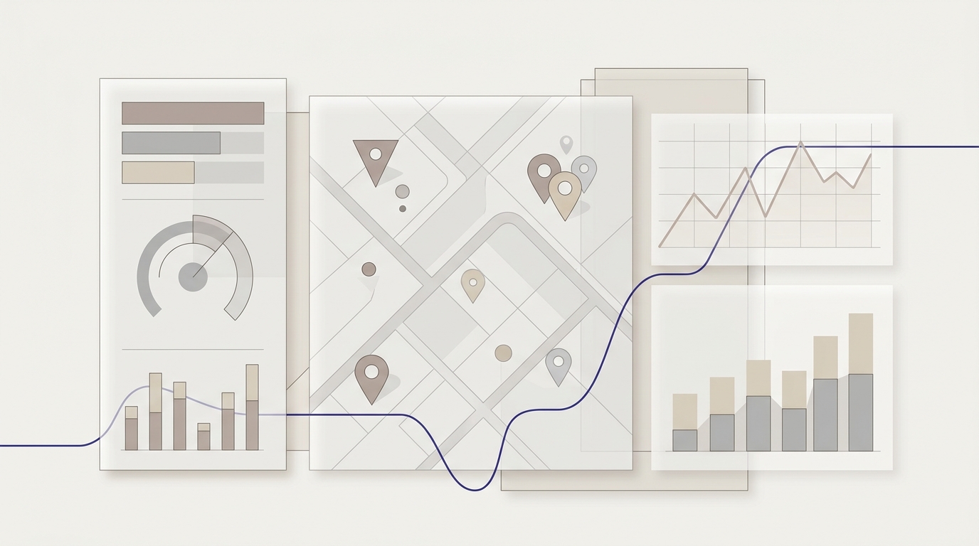 Panel de auditoría con mapas de ubicación, gráficos de métricas y benchmarks de visibilidad local en diseño minimalista.