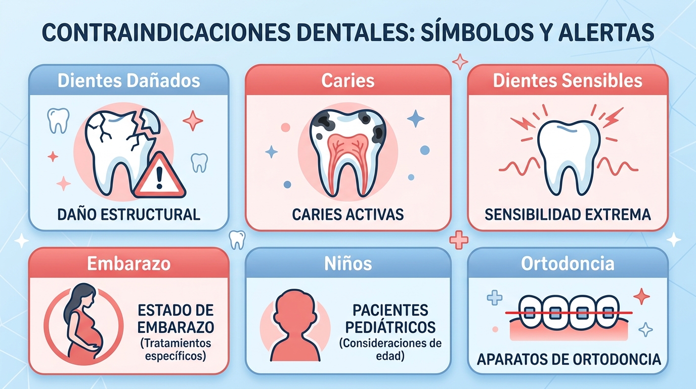 Teeth Whitening: Complete Guide to a Whiter Smile Contraindications for teeth whitening: cavities, sensitivity, pregnancy, and orthodontic braces in an illustration