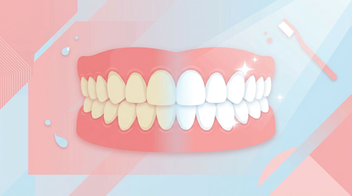 Teeth Whitening: Complete Guide to a Whiter Smile Teeth changing from yellow to white through teeth whitening, with elements of a modern dental office in tones