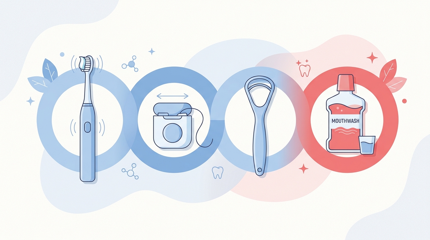 Electric toothbrush vs manual: which one better protects your oral hygiene Sequence of a complete oral hygiene routine: electric toothbrush, dental floss, tongue cleaner and mouthwash in pastel tones.