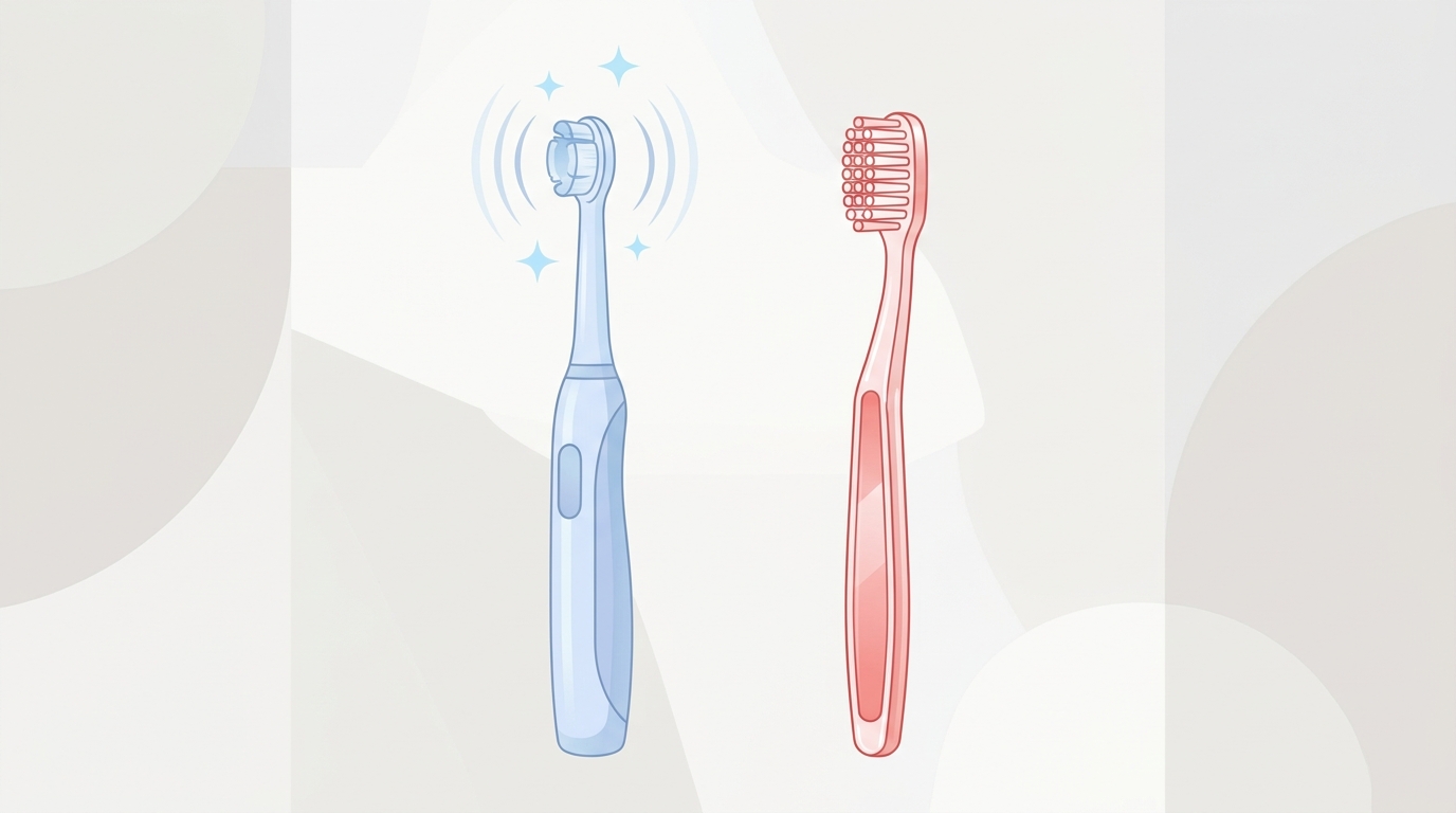 Electric toothbrush vs manual: which one better protects your oral hygiene Electric and manual toothbrush side by side in pastel blue and red tones, representing the oral hygiene comparison.
