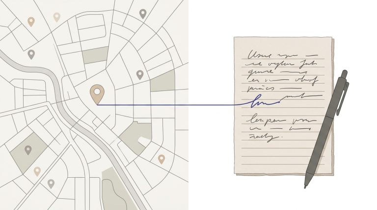 Mapa digital con pines de ubicación que transiciona hacia un bloc de notas manuscrito, representando el equilibrio entre