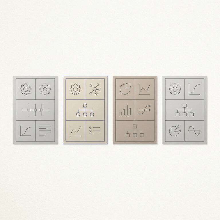 Cuatro tarjetas de herramientas dispuestas horizontalmente en comparación, una destacada sutilmente con acento índigo.