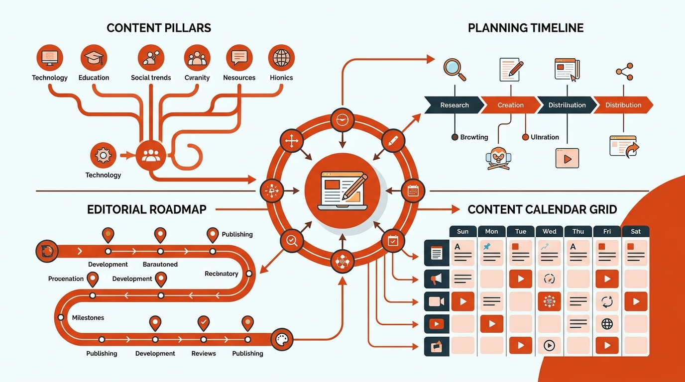 Content strategy infographic with integrated editorial calendar, planning and workflow design