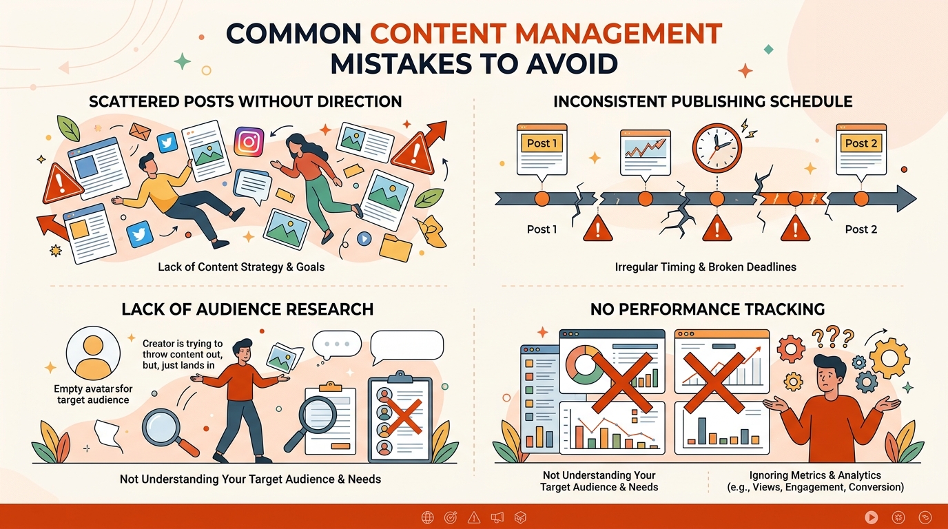 Common content management mistakes: inconsistency, lack of planning and absence of results tracking.