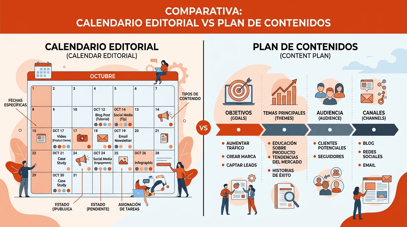 Visual comparison between an editorial calendar with specific dates and a content plan with strategic objectives.