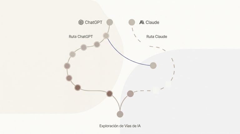 Dos caminos divergentes representan la estrategia por LLM: uno con visibilidad en ChatGPT, otro con limitaciones en Claude.