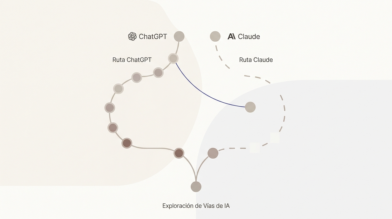 Dos caminos divergentes representan la estrategia por LLM: uno con visibilidad en ChatGPT, otro con limitaciones en Claude.