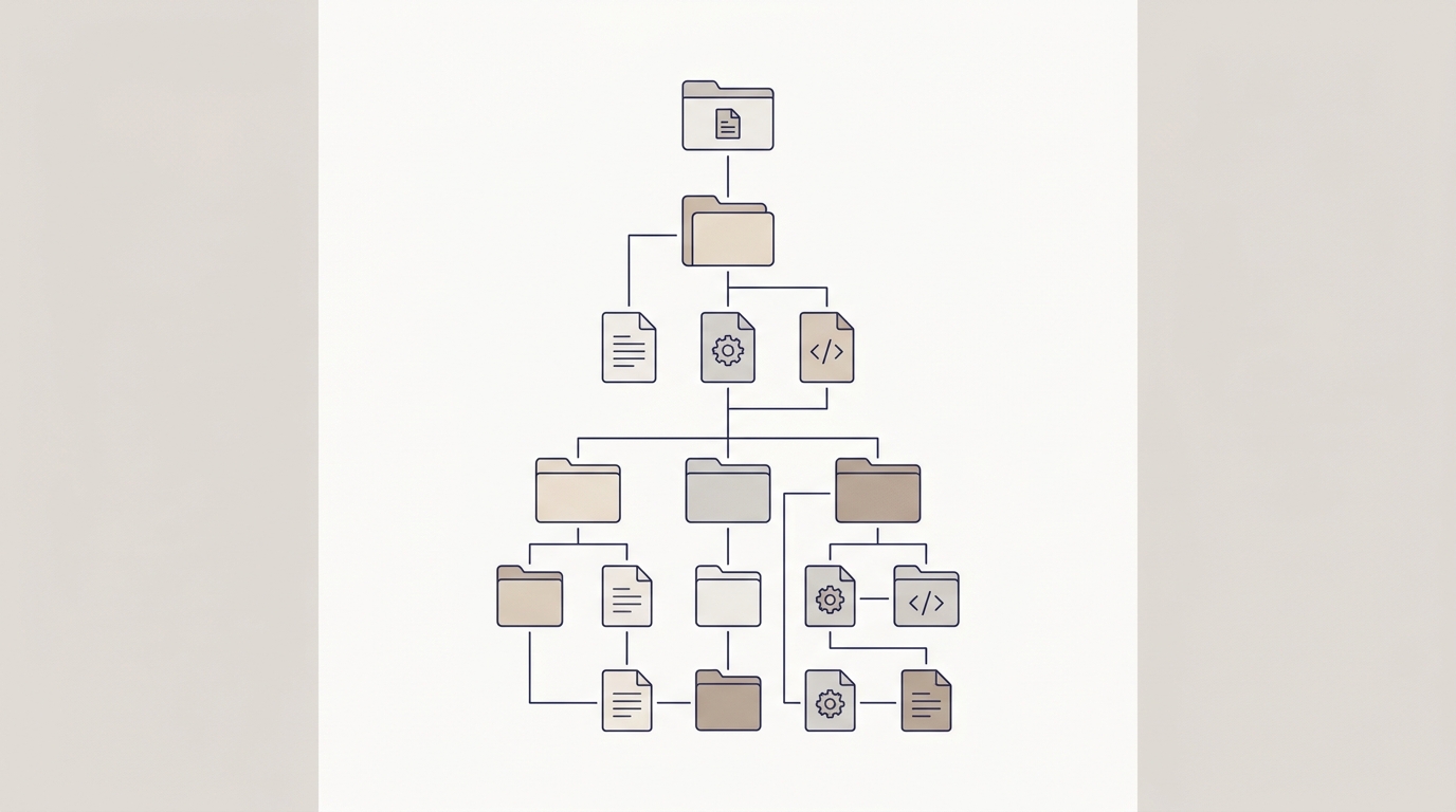 Estructura de carpetas con líneas de conexión que representan los pasos secuenciales de implementación del fichero llms.txt.