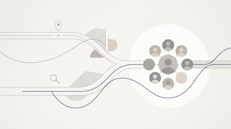 Dos caminos abstractos convergen hacia un punto central, representando posicionamiento local en GEO vs Google Maps para