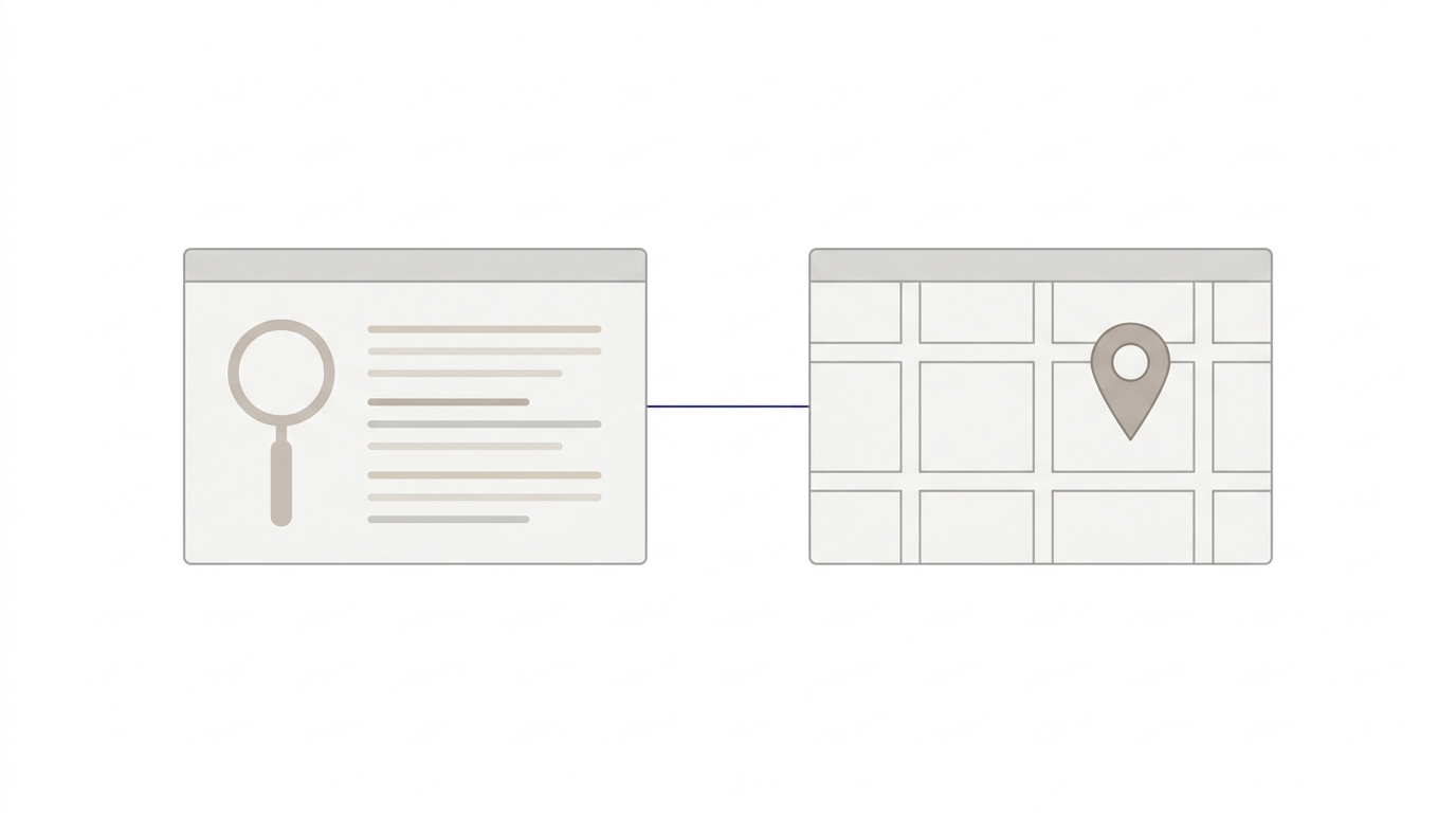 Dos interfaces lado a lado: búsqueda por texto y mapa con ubicación, ilustrando diferencias operacionales entre GEO y Google