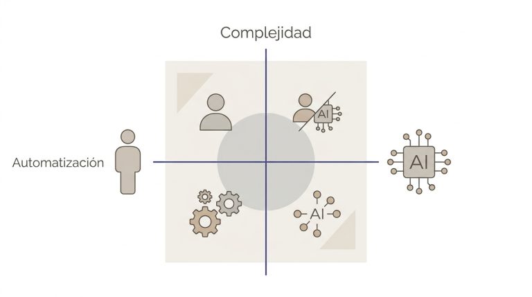 Matriz de decisión con dos ejes que cruzan cuatro cuadrantes: complejidad versus automatización, mostrando cuándo usar