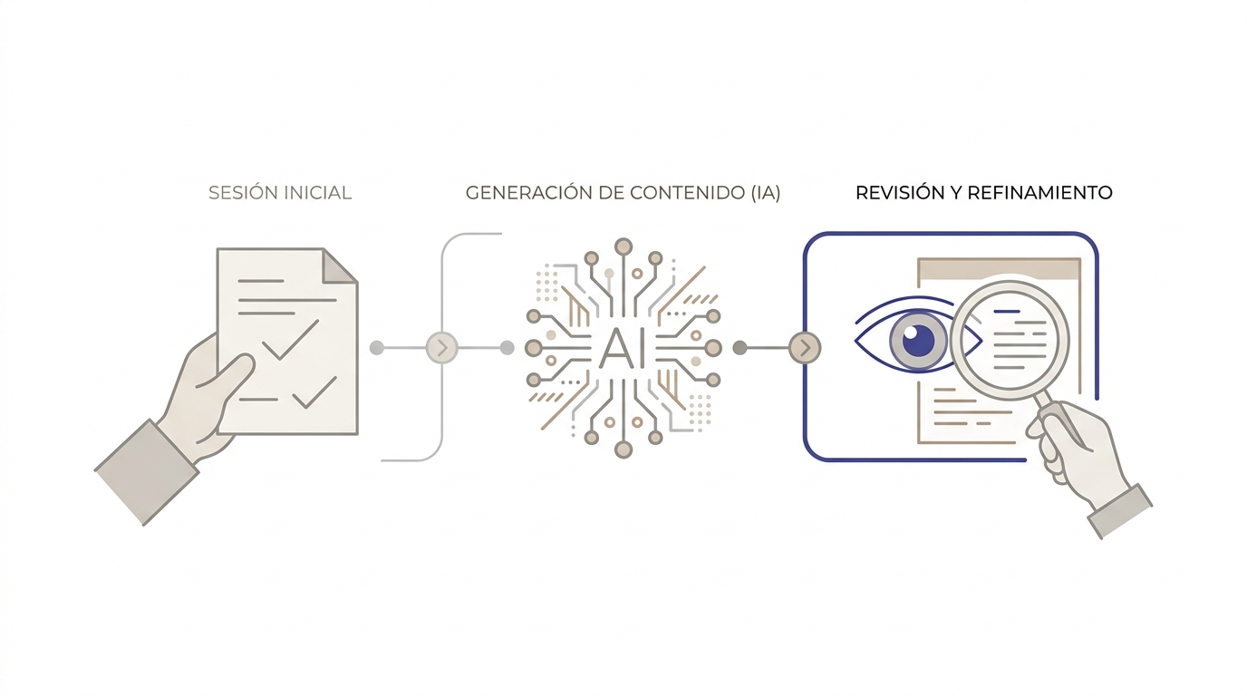 Flujo de trabajo con tres fases: preparación humana, procesamiento con IA y revisión final por personas, ilustrando las