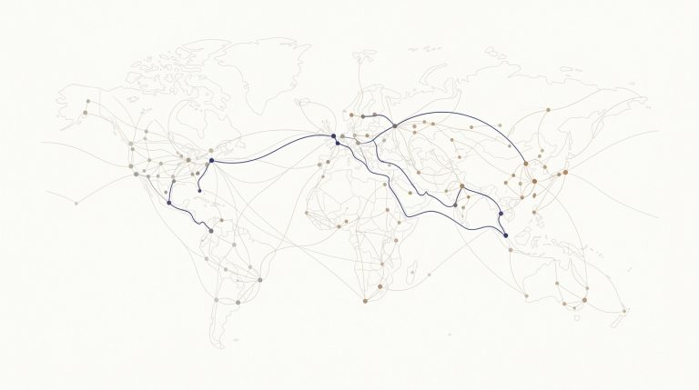 Red de nodos interconectados en tonos neutros con línea índigo que representa menciones de marca y visibilidad en IA.