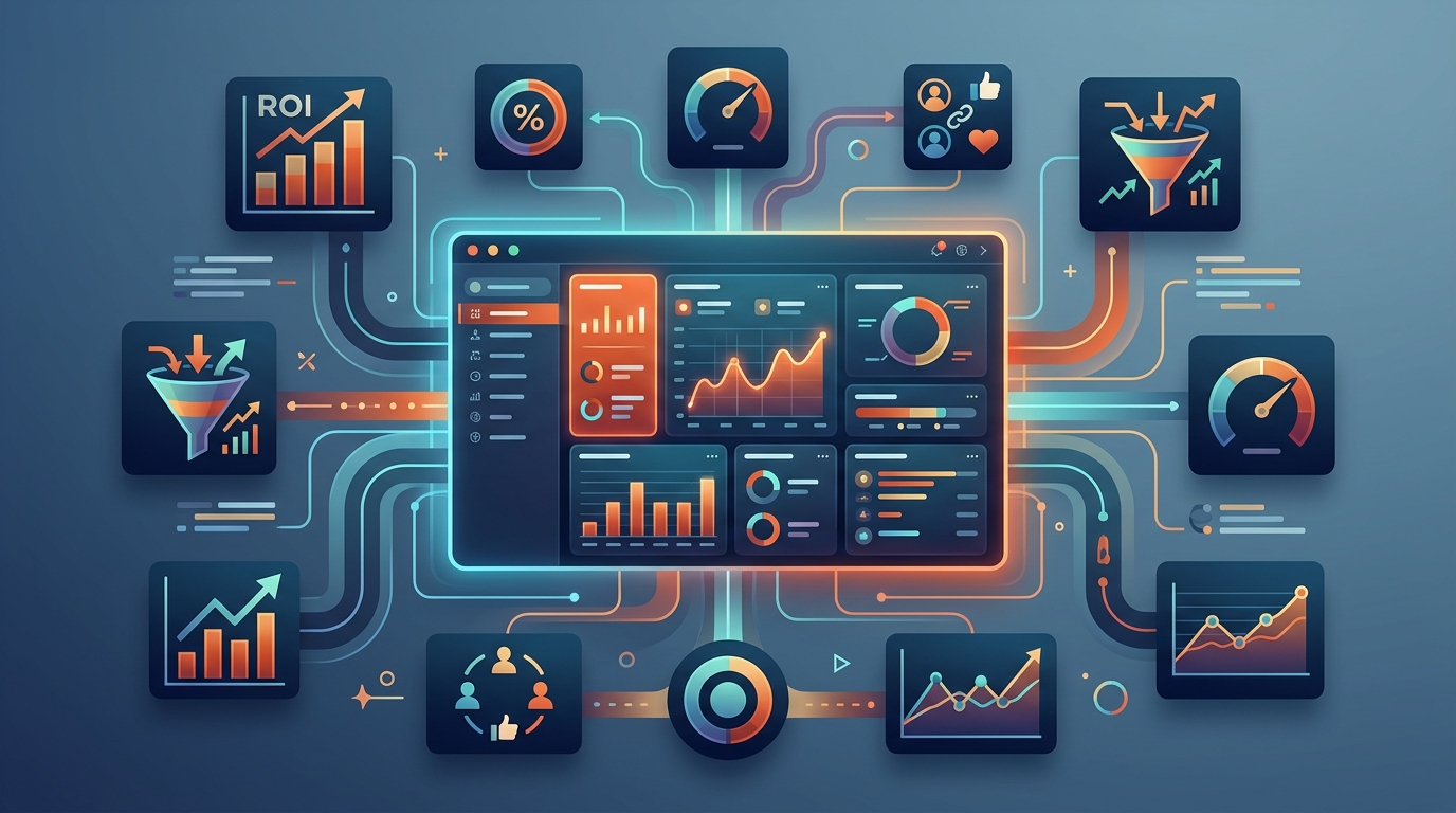 Marketing dashboard with interconnected charts, KPIs, and performance metrics in orange and blue.