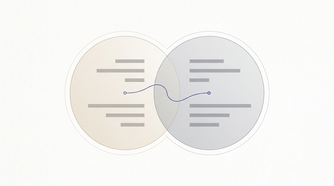 Dos nodos conectados con línea indigo y métricas internas, ilustrando análisis competitivo en motores generativos.