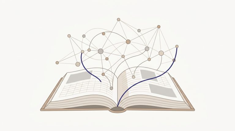Red de nodos conectados emergiendo de un libro abierto, simbolizando la reputación editorial y autoridad en redes de citas