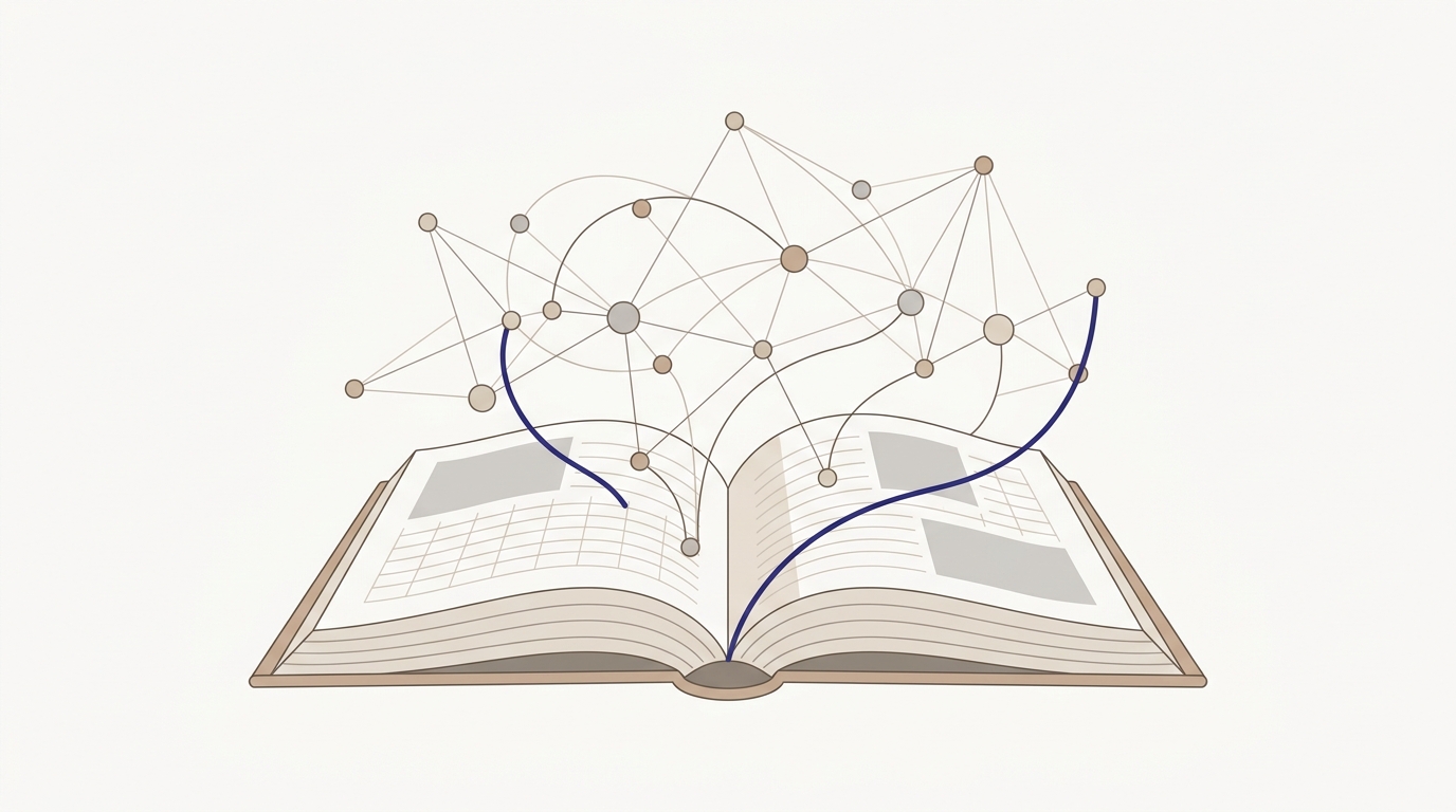 Red de nodos conectados emergiendo de un libro abierto, simbolizando la reputación editorial y autoridad en redes de citas