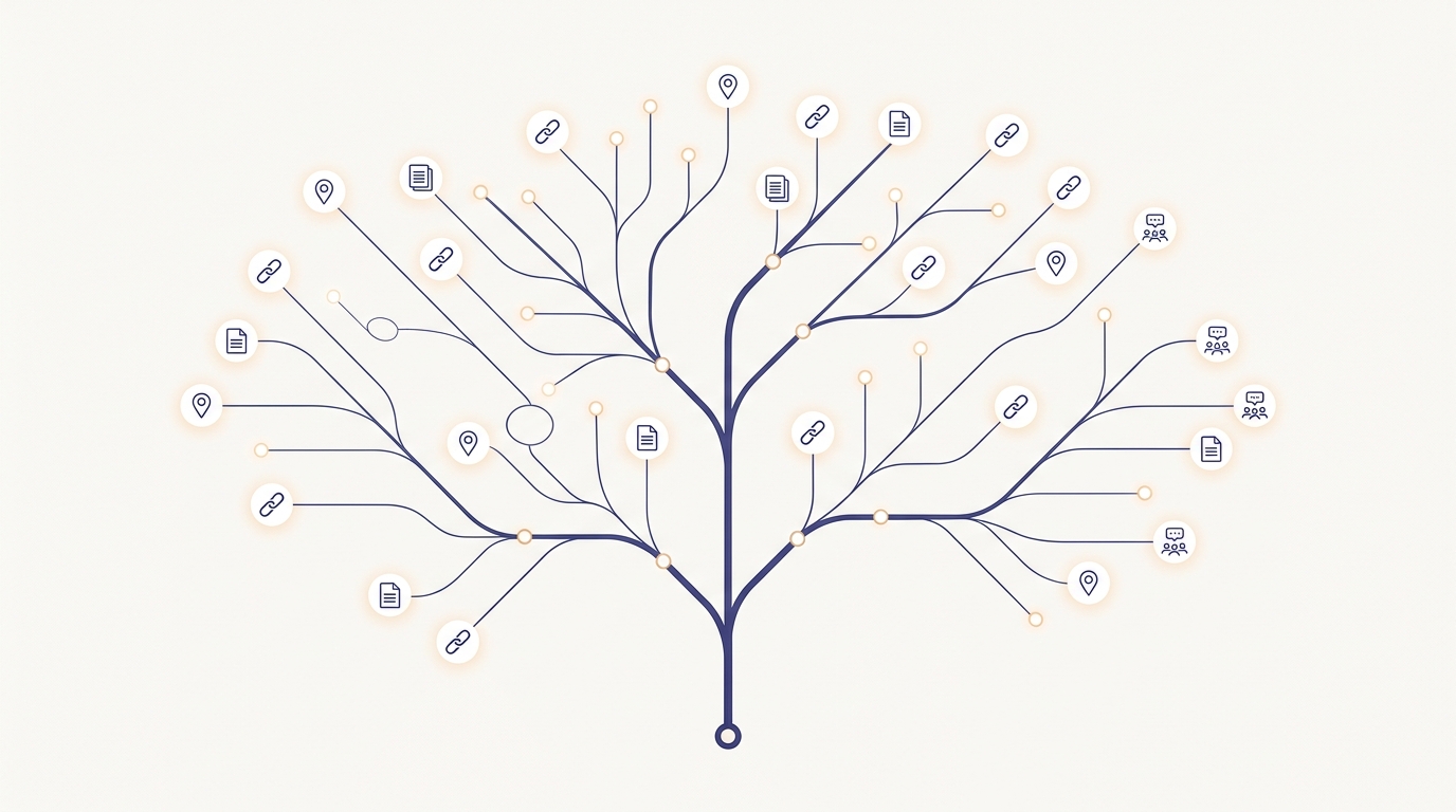 Diagrama de árbol con ramas que representan ramificaciones de estrategia de contenido editorial local y autoridad temática.