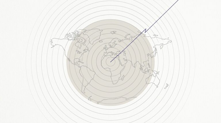 Globo terráqueo con círculos concéntricos y línea índigo que representa señales de localidad en LLM y geolocalización.