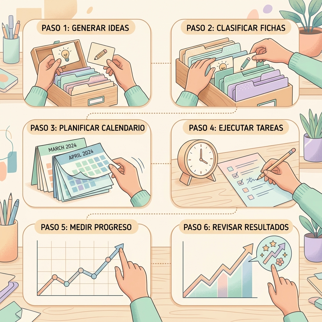 Flujo de trabajo mensual: manos organizando tarjetas de prompts, calendario y gráfico de seguimiento en tonos pastel.