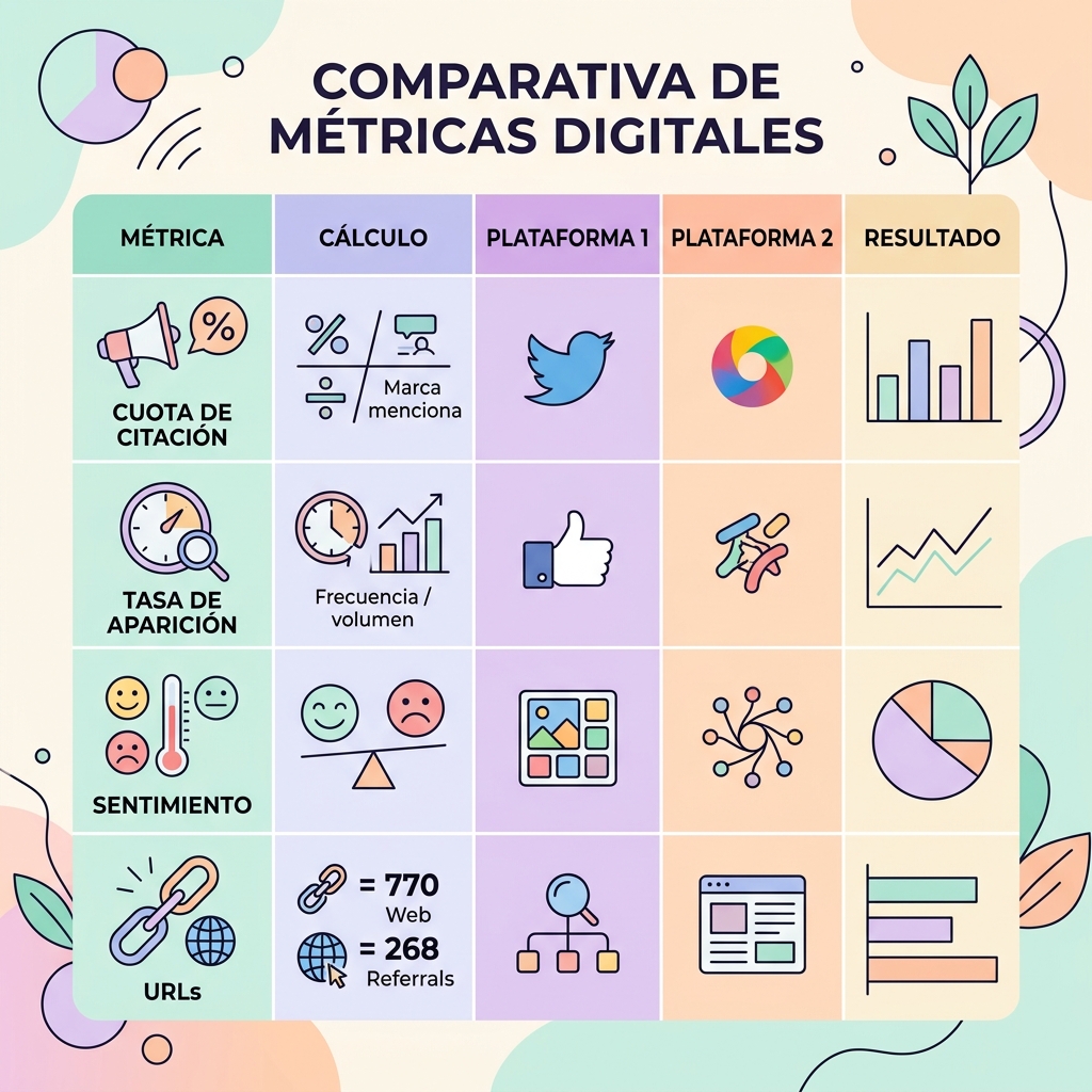 Tabla comparativa de métricas con filas de cálculo, iconos de plataformas y códigos de color en tonos pastel.